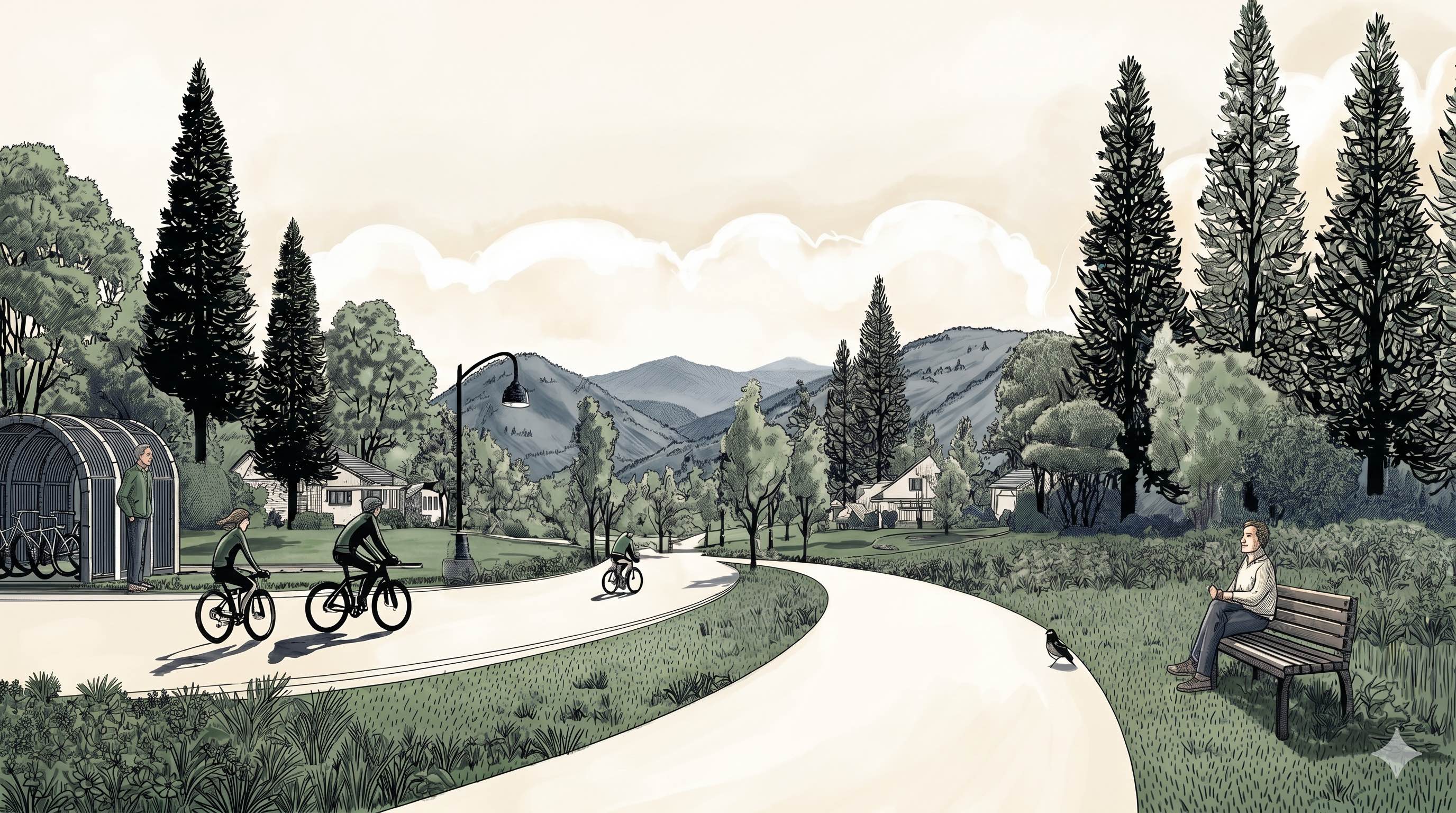 Cyclists riding along a scenic path